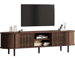Merax Tv Meubel Walnootkleur Met Lamellen Deuren En Open Vakken - Televisiemeubel 160 X 40 X 47 Cm - Lowboard Met 2 Kasten En 5 Poten - Geschikt Voor Tv Tot 65 Inch