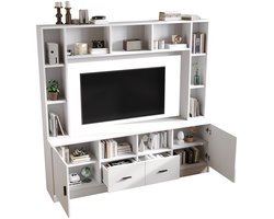 Merax Tv Wandmeubel 180 Cm Wit - Tv Meubel Set / Tv Wandkast / Mediawand Met Tv-Board En Kast Vitrine - 2 Kasten + 2 Lades + 11 Vakken - 180 X 35 X 170 Cm - Geschikt Voor Tv Tot 60 Inch