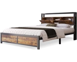 Merax Tweepersoonsbed 140x200 - Bed met Opbergruimte en Metalen Bedframe - Bruin met Zwart Metaal
