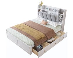 Merax Tweepersoonsbed 140x200 cm – Bed met Opbergruimte en 3 Lades op Wielen – Hoofdbord met Open Vakken en Klapdeur – Wit met Grijs