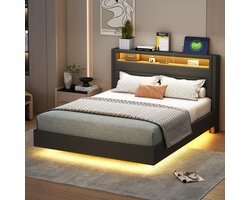 Merax Tweepersoonsbed 140x200 cm – Grijs Gestoffeerd Bed met LED-verlichting en USB-aansluiting – Hoofdbord met Opbergruimte – Modern Bedframe met Verstelbaar Licht