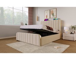 Merax Tweepersoonsbed 140x200 cm met Koudschuim Matras - Gestoffeerd Bed met Hoofdbord inclusief Gouden Decoratieve en USB Type-C Aansluiting - Beige