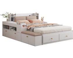 Merax Tweepersoonsbed 140x200 cm met Ruime Opbergruimte en Zitvlak - Massief Houten Bed met Lades en Planken - Wit