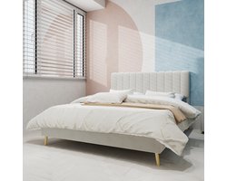 Merax Tweepersoonsbed 160×200 cm – Bed met Lattenbodem – Dutch Fleece Stof Gestoffeerd – Beige