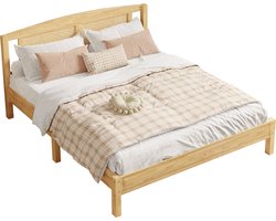 Merax Tweepersoonsbed 160x200 cm – Houten Bed met Rotan Hoofdbord en Lattenbodem – Natuurlijk Houtkleur Bruin