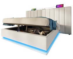 Merax Tweepersoonsbed - 180x200 cm - Gestoffeerd Bed met Opbergruimte - LED Verlichting App Control - USB-C Oplaadfunctie - Inclusief Matras - Wit PU Leer