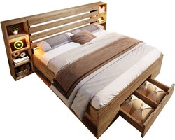 Merax Tweepersoonsbed met Opbergruimte 180x200 - Massief Houten Bed met LED-Verlichting - USB-C - Opbergvakken en Lade - Eiken Bruin