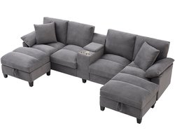 Merax U-vorm 4-zits Bankstel met Opbergruimte - Hoekboek met USB Aansluiting en Bekerhouders - Ribcord - 293x142x93 cm - Grijs