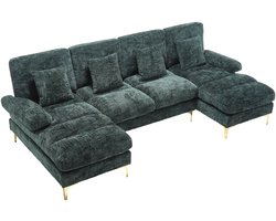 Merax U Vorm Bankstel Fluweel Smaragdgroen en Gouden Poten – Groot Hoekbank met 2 Ligplekken – Luxe Chenille Lounge Sofa