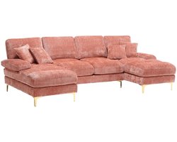 Merax U-Vorm Hoekbank – Luxe Chenille Slaapbank met Dubbele Liggedeeltes – Grote Moderne Familiebank – Gouden Metalen Poten – Extra Comfortkussens – Roze – 360 kg Draagvermogen