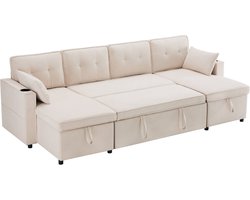 Merax U-Vorm Slaapbank – Grote 4-Zits Hoekbank – Bankstel met Opbergruimte en Bekerhouders – Uitklapbaar tot Bed – Beige