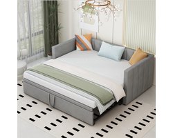 Merax Uitklapbaar Slaapbank 90x200 tot 180x200 cm - Luxe Bedbank met Lattenbodem - Multifunctioneel Tweepersoonsbed van Zacht Fluweel - Grijs