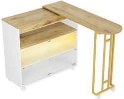 Merax Uitschuifbare Bartafel met LED-verlichting en Opbergruimte – Moderne Keukentafel met Glazen Schuifdeuren en Wielen – Wit met Houtlook Bruin – 138-204×39×105 cm
