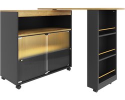 Merax Uitschuifbare Bartafel met LED Verlichting en Wieltjes - Telescooptafel met Glazen Schuifdeuren en Veel Opbergruimte - Moderne Bistrotafel - Huisbar - Zwart met Hout Bruin