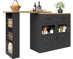 Merax Uitschuifbare Bartafel met Opbergruimte – 360° Draaibare Keukenbar/Keukeneiland – Barmeubel met Lade & Regalen – Zwart – 138-204x39x104 cm