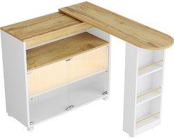 Merax Uitschuifbare Bartafel met Opbergruimte en LED Verlichting - Verstelbare Keukentafel op Wielen - Moderne Statafel met Glazen Schuifdeuren - Wit