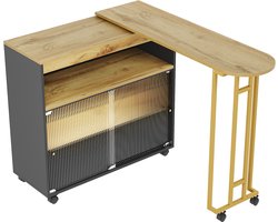 Merax Uitschuifbare Bartafel op Wielen met LED Verlichting - Keukentafel met Opbergruimte en Glazen Schuifdeuren - Moderne Sta Tafel Zwart met Goud en Hout Bruin