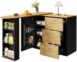 Merax Uitschuifbare & Draaibare Bartafel met Opbergruimte - 360° Keukenbar/Keukeneiland - Barmeubel met 3 Lades - Zijrek & Vakken - Zwart met Houtlook - 138-204x39x104 cm