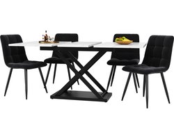 Merax Uitschuifbare Eetkamerset (5-delig) – Eettafel 120-160 cm met 4 Fluwelen Eetkamerstoelen - Witte Marmerlook Tafel en Zwarte Stoelen