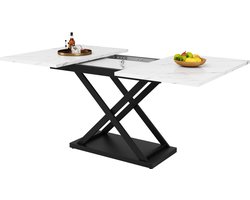 Merax Uitschuifbare Eettafel 120-160x80 cm - Moderne Tafel met Kruisvormige Zwarte Metalen Poten - Marmerlook Tafelblad - Voor Keuken en Woonkamer - Wit
