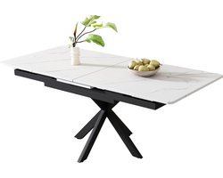 Merax Uitschuifbare Eettafel Automatisch Uitschuifbaar van 150 tot 180 cm – Tafel met Marmerlook Tafelblad – Kruispoot Design – Voor 4 tot 6 Personen – Zwart met Wit – 130 kg Draagkracht