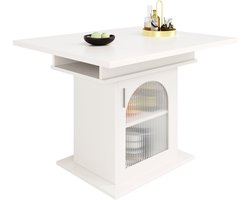 Merax Uitschuifbare Eettafel met Opbergruimte – 110-140x80 cm – Moderne Keukentafel met Glazen Deur en Verstelbare Planken – Voor 6 tot 8 Personen – MDF – Wit