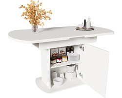 Merax Uitschuifbare Ovale Eettafel met Opbergruimte - L110/130W70H75cm - Modern Minimalistisch Design - Wit met Zilveren Handgreep