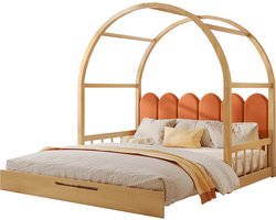 Merax Uittrekbaar Bed met Boogvormig Dak – Kinderbed / Dagbed met Matras – Naturel Hout en Oranje – Verstelbaar van 140x100 cm naar 140x200 cm