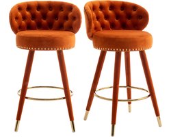 Merax Velvet Barkrukken 360° Draaibaar - Retro Barkruk Set van 2 - Barstoel met Voetensteun - Oranje met Goud