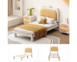 Merax Velvet Eenpersoonsbed met Kroon 90 x 200 cm - Konings Bed met LED - Kinderbed - Wit Bedframe met Kaki Geel Hoofdbord