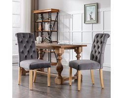 Merax Velvet Eetkamerstoelen - Set van 2 - Luxe Stoelen met Eikenhouten Poten - Knopen en Chromen Handgreep - Grijs