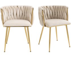 Merax Velvet Eetkamerstoelen Set van 2 – Luxe Stoelen met Gouden Metalen Poten en Handgeweven Rugleuning – Beige