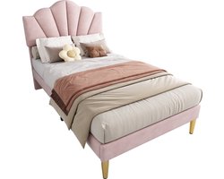 Merax Velvet Gestoffeerd Eenpersoonsbed 90x200 cm - Bed met Schelpvormig Verstelbaar Hoofdbord en Gouden IJzeren Poten - Roze