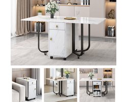 Merax Verrijdbare Inklapbare Eettafel met Opbergkast en Lades – Tafel met Wielen voor 6 Personen – Uitklapbaar en Ruimtebesparend – Marmerlook – Wit met Zwart