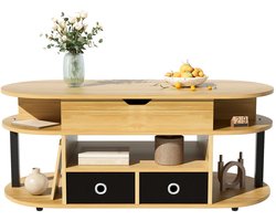 Merax Verstelbare Salontafel met Opbergruimte en 2 Lades – Houtlook en Zwart – 105 x 50 x 45-60 cm