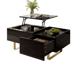 Merax Verstelbare Salontafel met Opbergruimte – Zwart Hoogglans – 100 x 50 cm – Salontafel met Lade - Verhoogbaar Tafelblad en Goudkleurige Metalen Poten