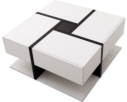 Merax Vierkante Salontafel met 4 Lades en Open Opbergruimte – Hoogglans Wit met Zwart – 78x78 cm – Modern Design – MDF