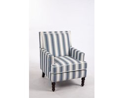 Merax Vintage Fauteuil Met Blauw-Wit Gestreepte Stof – Comfortabele Gestoffeerde Accentstoel Met Houten Poten En Siernagels – Stoffen Lounge Stoel Voor Woonkamer