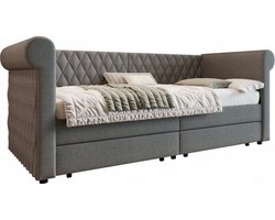 Merax Vintage Slaapbank Bed 90x200 cm – Kinderbed - Jeugdbed met 2 Opberglades en Lattenbodem - Gestoffeerd in Linnen - Grijs (Zonder Matras)