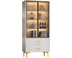 Merax Vitrinekast 70x35x150 cm – Glazen Deuren - Gouden Poten - Verstelbare Planken - LED-Verlichting - Schuiflade en Kabelmanagement - Wit