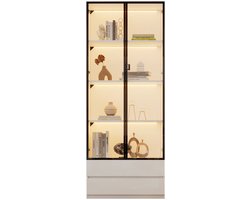 Merax Vitrinekast 80x34x200 cm - Hoge Vitrinekast met LED-Verlichting - 2 Glazen Deuren en 2 Lades - Woonkamer Opbergkast en Displaykast - Wit