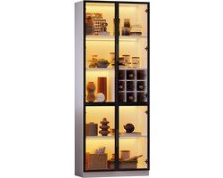 Merax Vitrinekast 80x35x200 cm Witte Kast met Glazen Deuren LED Verlichting Boekenkast en Weinkast met 5 Lagen en Verstelbare Planken