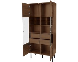 Merax Vitrinekast in Notenhoutlook – Hoge Opbergkast met Glazen Deuren – Verstelbare Legplanken en Verborgen Lade – 75.5×35×164.5 cm – Modern Opbergmeubel voor Woonkamer Badkamer of Kantoor