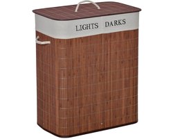 Merax Wasmand 100 Liter Met Deksel - Wasbox Met 2 Vakken Voor Licht En Donker - Uitneembare Waszak Wasbaar - 3 Handgrepen - Bamboe Katoen Metaal - Bruin Wit - 52 x 32 x 63 cm