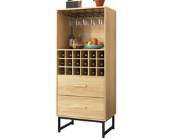 Merax Wijnkast - Sideboard met 18 Vakken en 2 Lades - Houten Kast met Metalen Poten - Bruin met Zwart