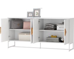 Merax Wit Houten Dressoir met 4 Deuren en Dubbele Opbergruimte - Moderne Kast met Metalen Onderstel en Vierkante Handgrepen - Sideboard - TV Meubel - Buffetkast - 160 cm