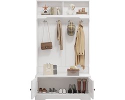 Merax Witte Halbank met Opslag – Garderobekast met 4 Haken - 2 Open Vakken en Zacht Sluitende Deuren – 101,5 x 183 cm