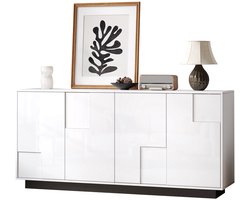 Merax Woonkamer Dressoir - Opbergkast Met 4 Deuren - Hoogglans Front - Geometrisch Deurontwerp - Wit Met Zwarte Plint - 160 X 37 X 75,5 Cm