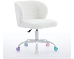 Merax Zachte Pluche Bureaustoel voor Meisjes - In Hoogte Verstelbaar - 360° Draaibaar - Kunstbont Bekleding - Stille Kleurrijke Wielen - Crème Beige