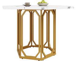 Merax Zeshoekige Eettafel met Marmerlook - Moderne Eettafel met Metalen Poten - MDF Tafel met Verstelbare Voeten - Goudkleurig Onderstel - 110x95x75 cm